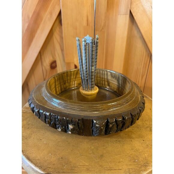 Vintage Ellwood Handmade Rusticware Wood Bark Nut Bowl w Nutcracker & Picks (852 - Picture 3 of 8